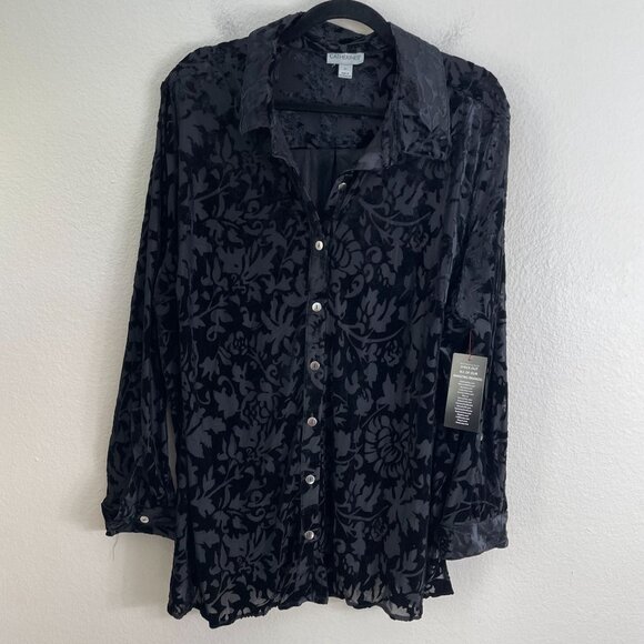 NEW Catherines Womens Plus 2X Black Velvet Burnout Shirt Long Sleeve Button Up - Picture 8 of 12